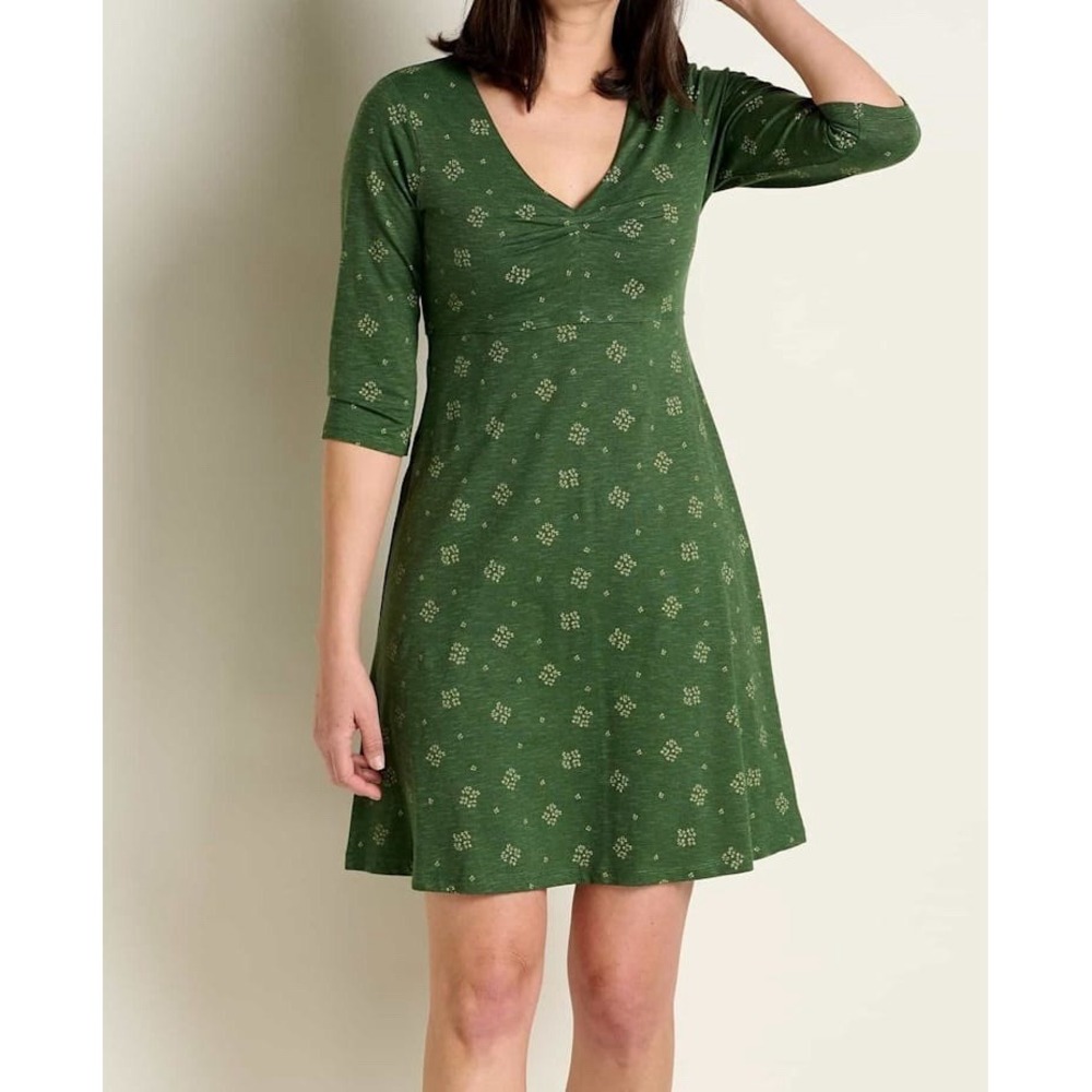 Toad & Co Rosalinda Dress Womens L Green V-Neck 3/4 Sleeve Pockets NWT